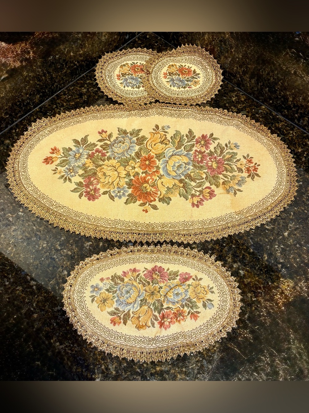 Vintage Iris Belgium Centerpiece w/ Matching Small Doily & 2 Round Doilies